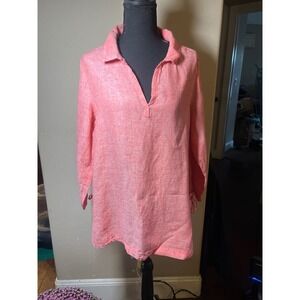 Sigrid Olsen Coral Linen Tunic Top Collared V Neck Long Sleeve Womens Medium